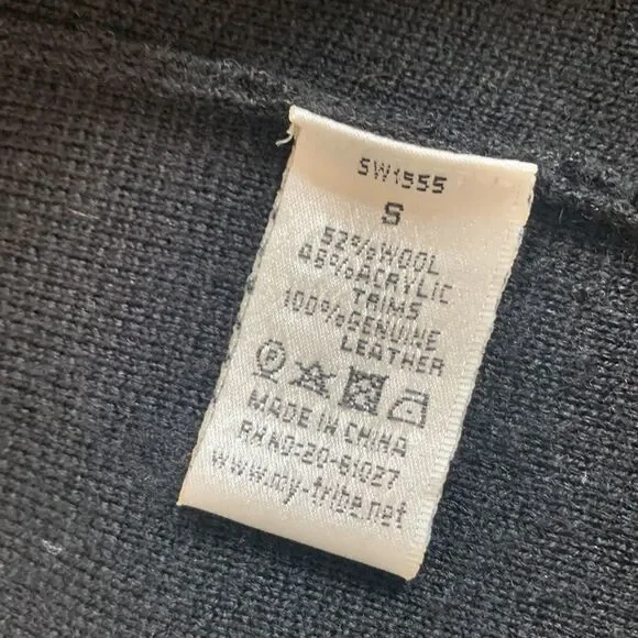 MY TRIBE wool blend Moto knit jacket leather trim full zip front zip pockets - Picture 6 of 11